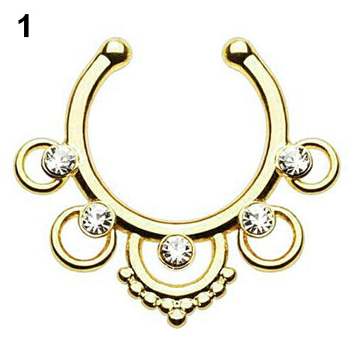 Crown Hollow Nose Ring Rhinestone Non Piercing Hanger Clip On Hoop Body Jewelry