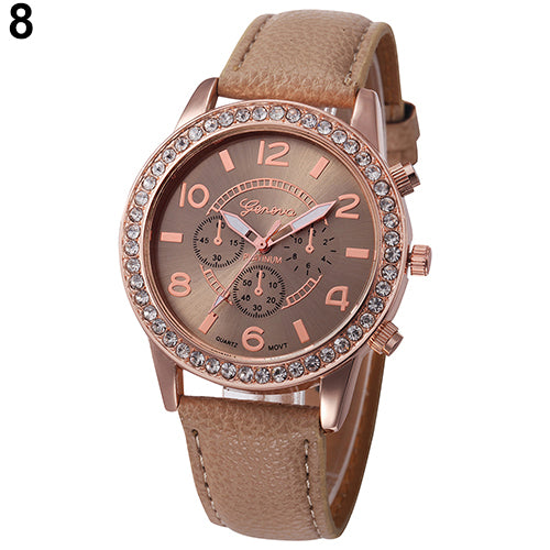 Fashion Women Geneva Rhinestone Big Dial Faux Leather Analog Wrist Watch Gifts