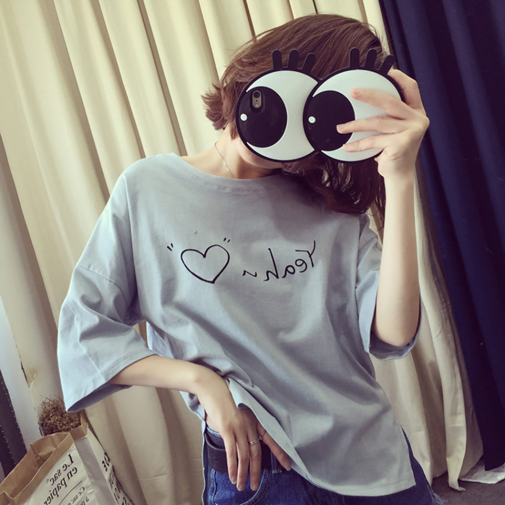 Letter Love Heart Print Women Round Neck Short Sleeve Top Tee Summer T-Shirt
