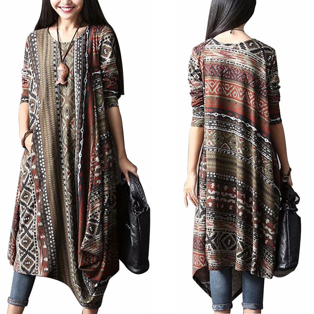 Retro Printed Round Neck Long Sleeve Irregular Women's Casual Loose Long Dress