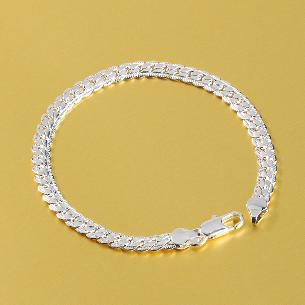 Fashion Men's Flat Curb Silver Plated Chain Simple Design Bracelet Jewelry Gift