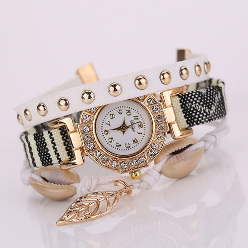 Women's Inlaid Rhinestone Leaf Shell Rivet Faux Leather Braided Band Wrist Watch