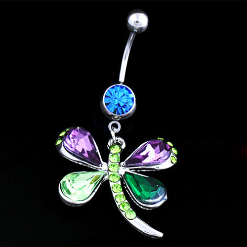 Colorful Dragonfly Button Barbell Navel Belly Ring Dangle Body Piercing Jewelry