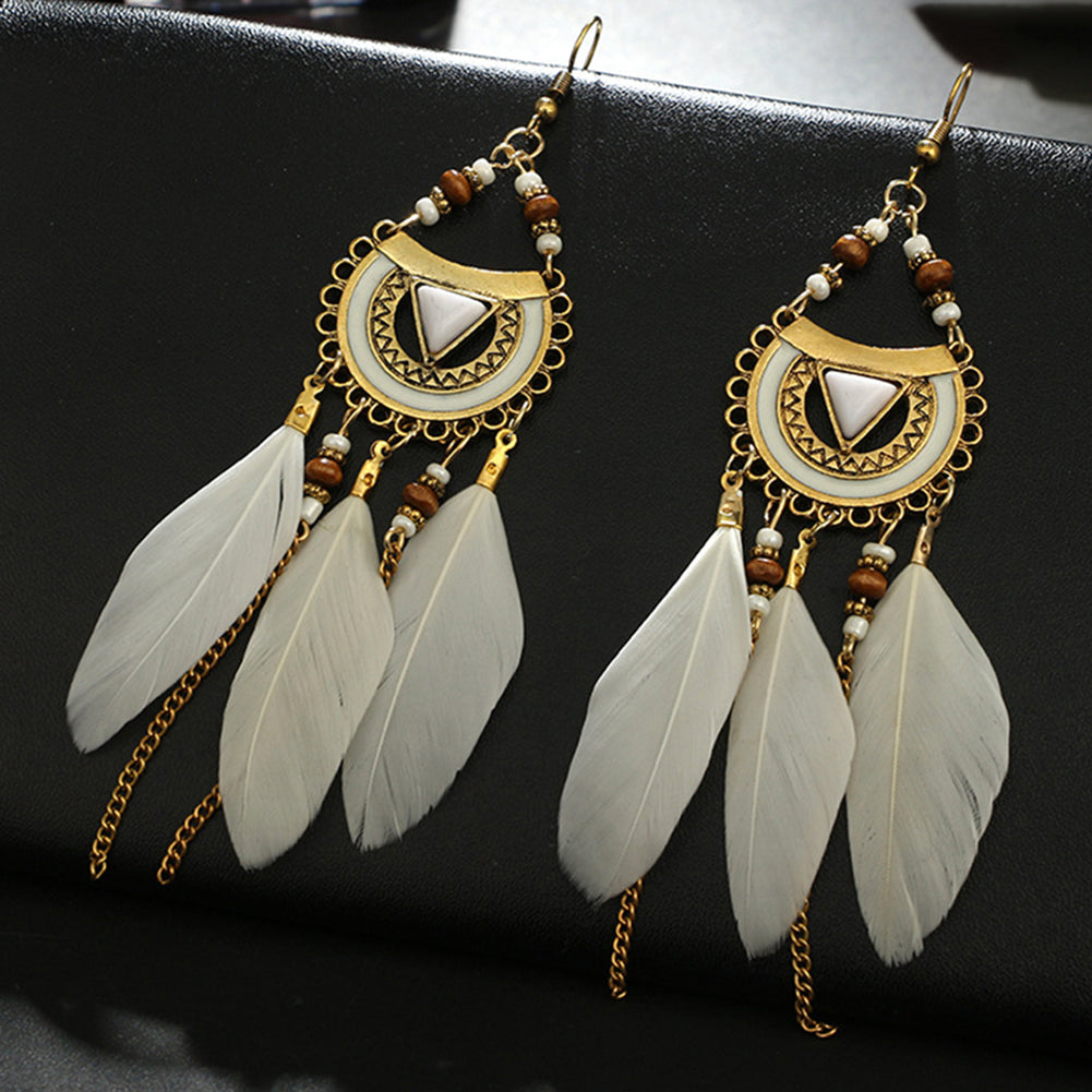 Women Retro Ethnic Hollow Feather Tassel Hook Earring Chain Bead Jewelry Gift