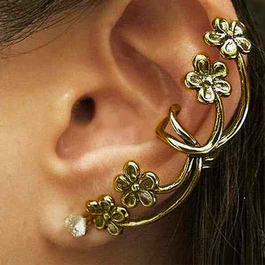 1Pc Women's Punk Vintage Bronze Tone Plum Flower Rhinestone Ear Cuff Earring