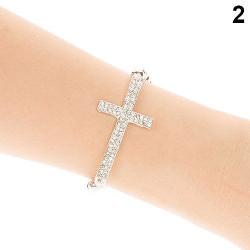 Fashion Women Rhinestone Beaded Cross Love Infinity Stretch Bracelet Chain Gift