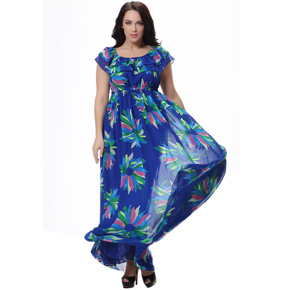 Women's Fashion Summer Chiffon Sleeveless Big Swing Floral Print Long Maxi Dress