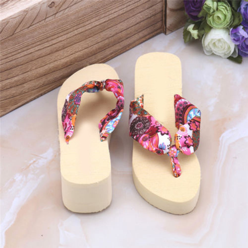 Women Summer Beach Soft Wedge Shoes Bohemia Flip Flops Flat Platform Slippers