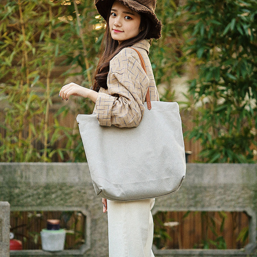 Faux Leather Strap Canvas Bag Shopping Travel Large Capacity Shoulder Handbag