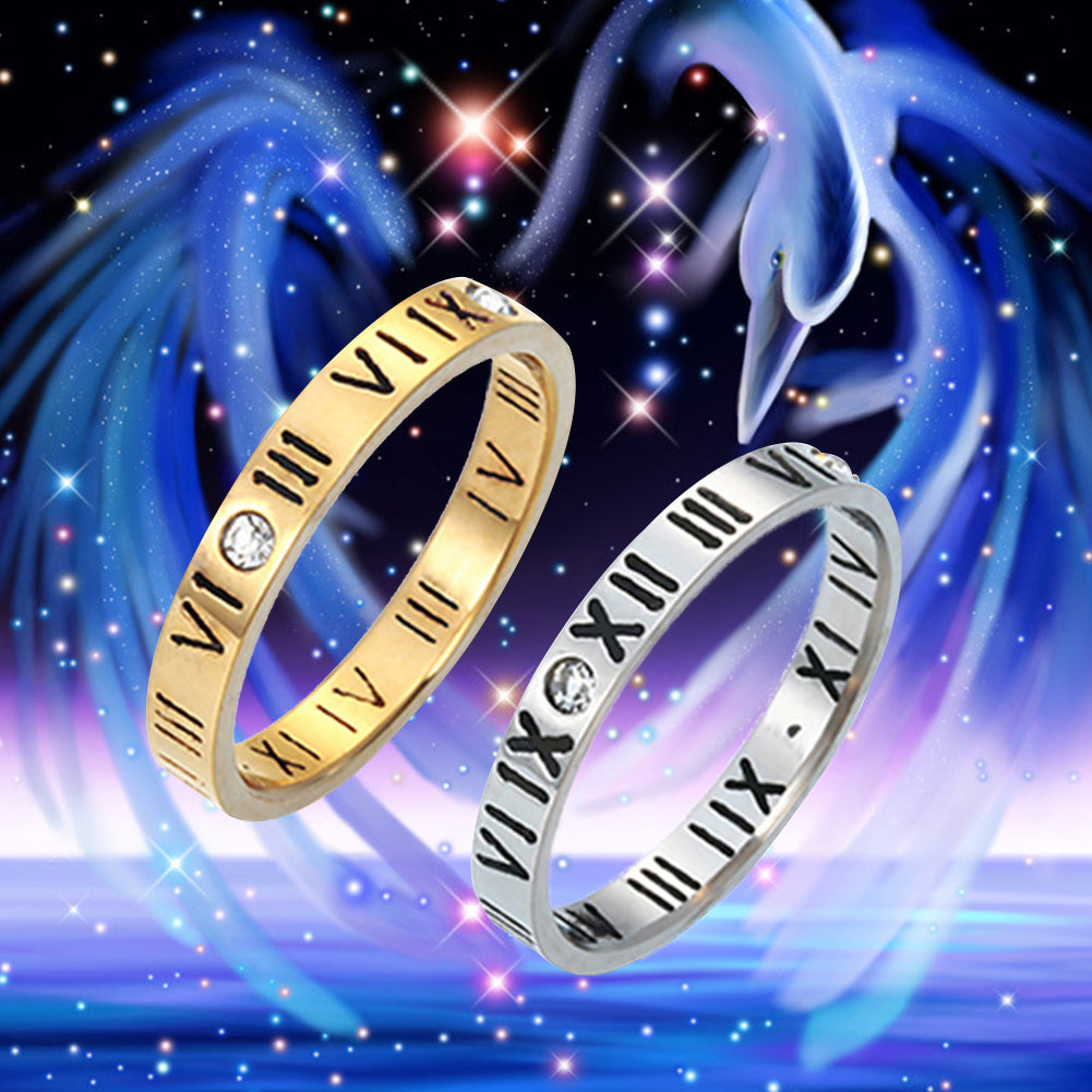 Punk Roman Numerals Rhinestone Stainless Steel Finger Jewelry Couple Ring Gift