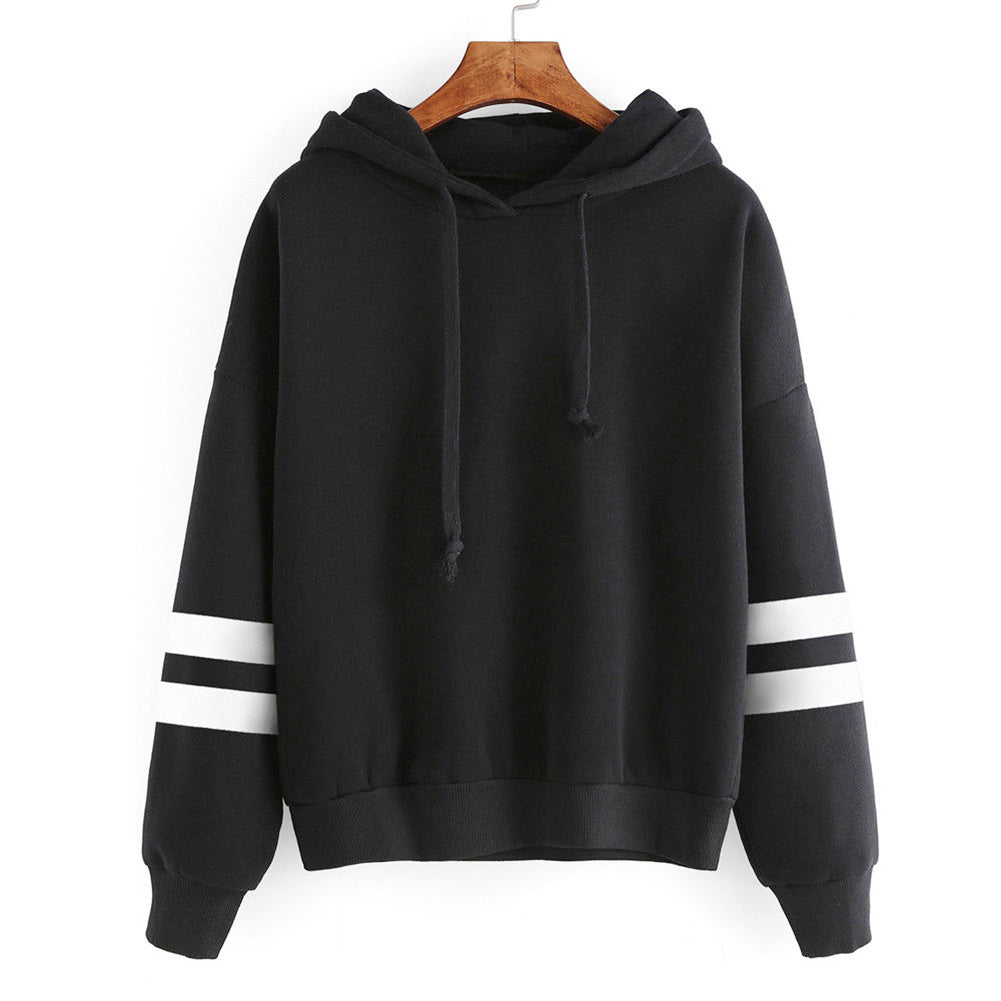 Women's Long Sleeve Hoodie Hooded Sweatshirt Striped Pullover Soft Top Coat