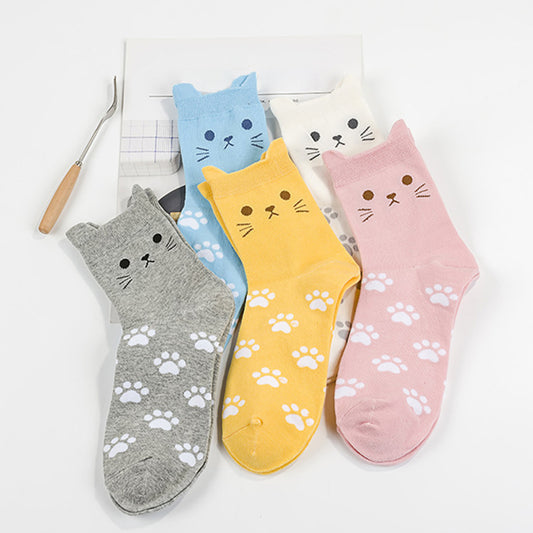 Lovely Candy Color Cartoon Cat Paw Print Women Cotton Soft Warm Short Socks