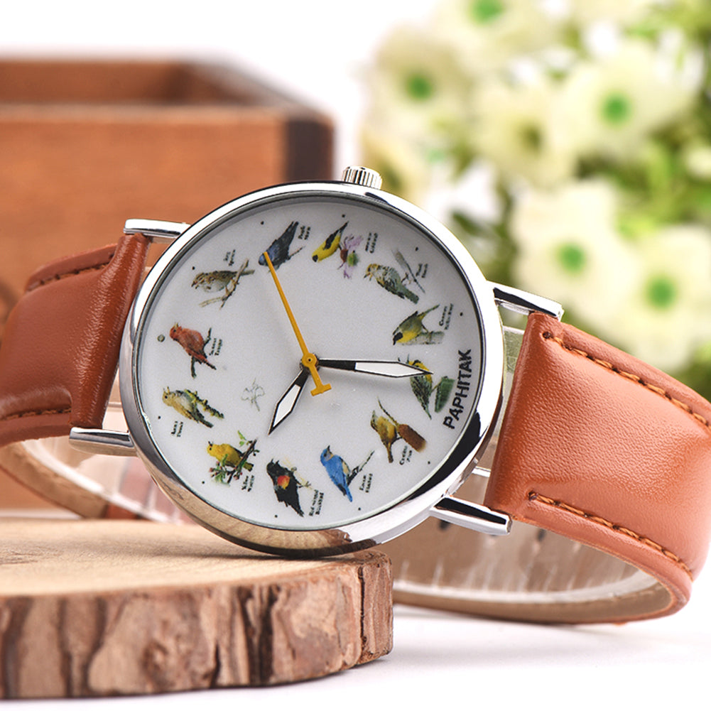 Fashion Birds Animal Round Dial Quartz Analog Women Date Shopping Wrist Watch