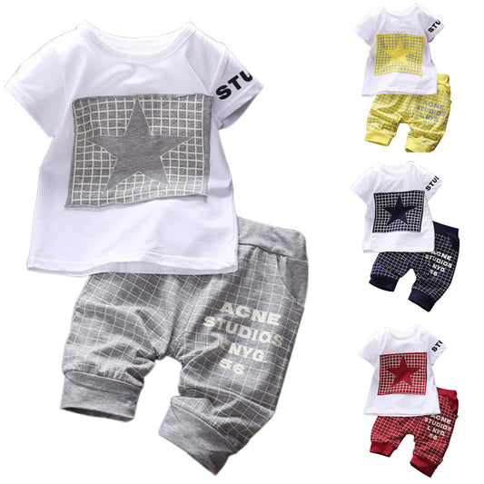 Baby Boy Clothes Set Summer Short Sleeve Star Plaid Print T-Shirt Pants Outfit