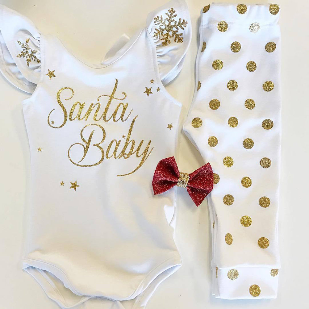 Christmas Baby Girls Snowflake Santa Baby Print Short Sleeve Romper Dots Pants
