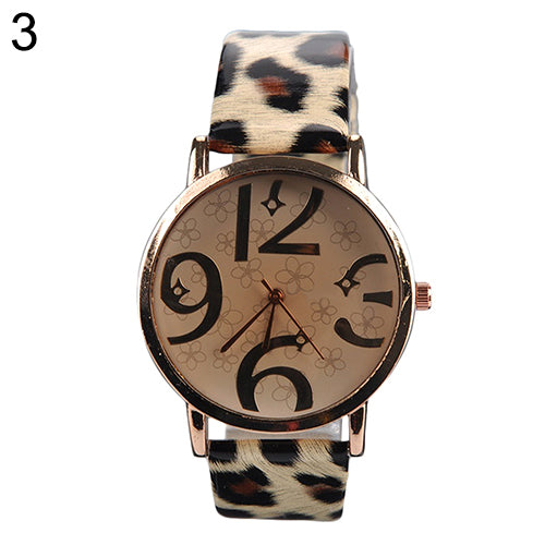 Women's Casual Flowers Big Numbers Dial Faux Leather Strap Quartz Wrist Watch