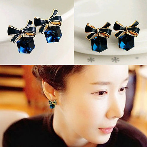 1 Pair Women's Fashion Cute Bowknot Cube Crystal Rhinestone Ear Studs Earrings