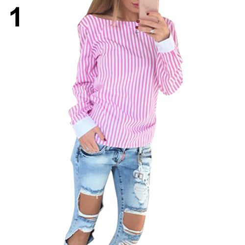 Women's Sexy Bowknot Backless Striped Slim Blouse Shirt Long Sleeve O Neck Top