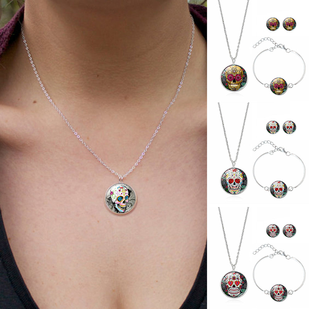 Fashion Women Skull Rose Earrings Necklace Bracelet Halloween Accessories Set