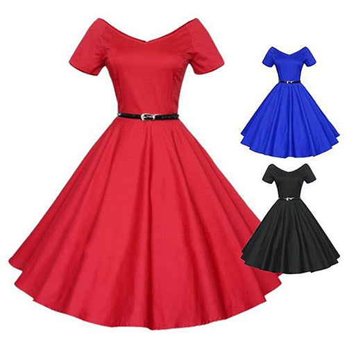 Women's Vintage Wide V-neck Long Swing Dress Short Sleeve Cocktail Party Dress