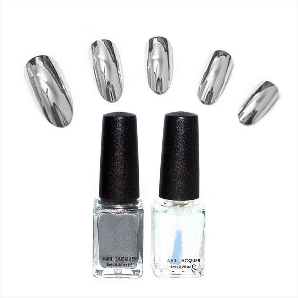 2Pcs Silver Metal Mirror Effect Metallic Nail Art Polish Varnish  and  Base Coat Nail DIY