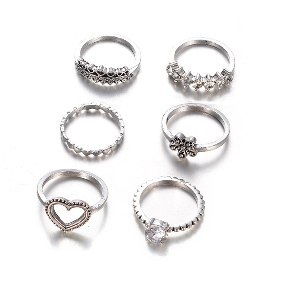 6Pcs/Set Fashion Heart Flower Rhinestone Knuckle Finger Rings Women Jewelry Gift