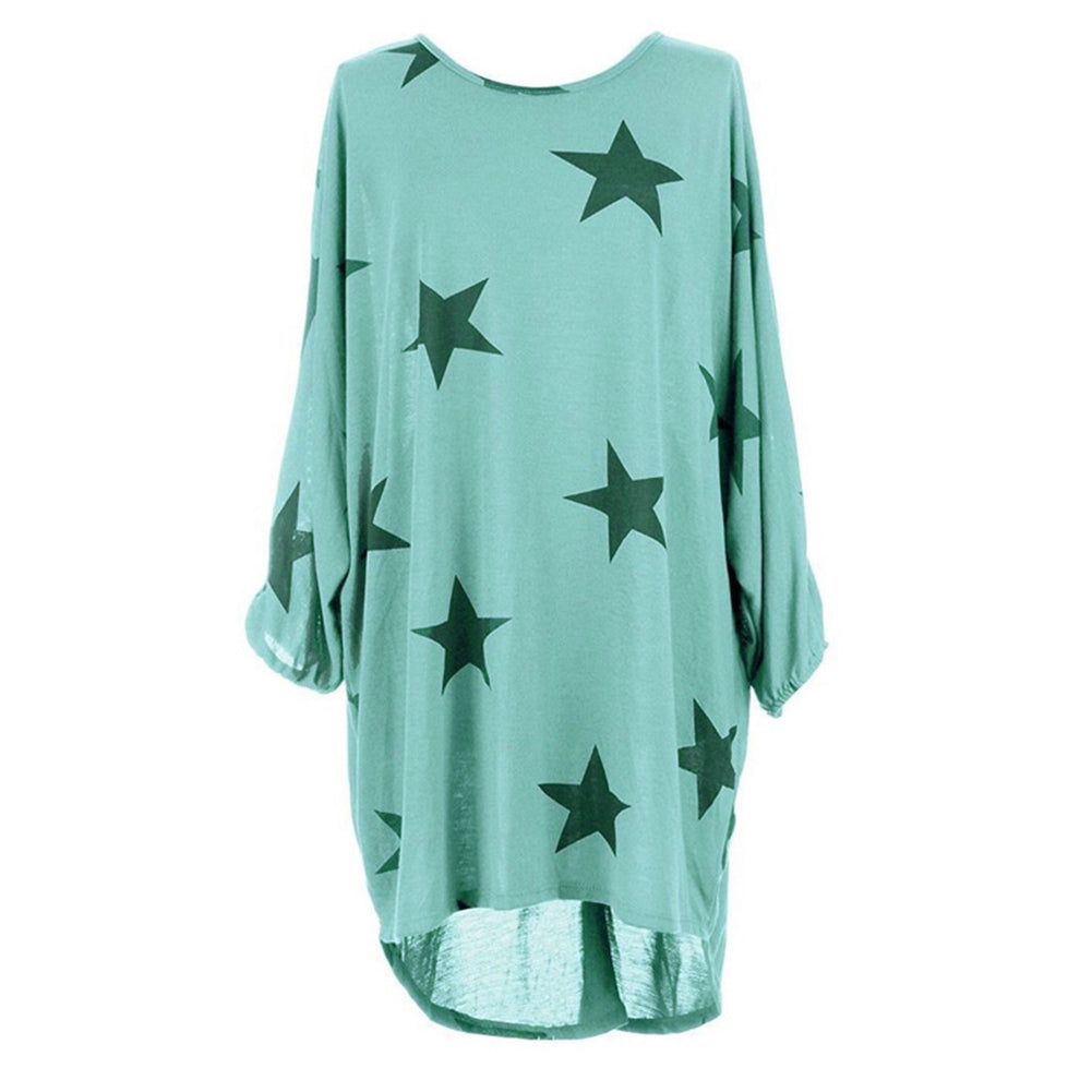 Stars Print Long Sleeve Round Neck Women Spring Loose Long T-shirt Top Dress