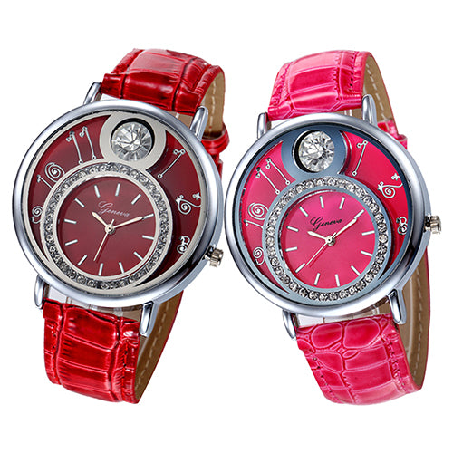 Women's Luxury Rhinestone Round Dial Faux Leather Strap Quartz Wrist Watch