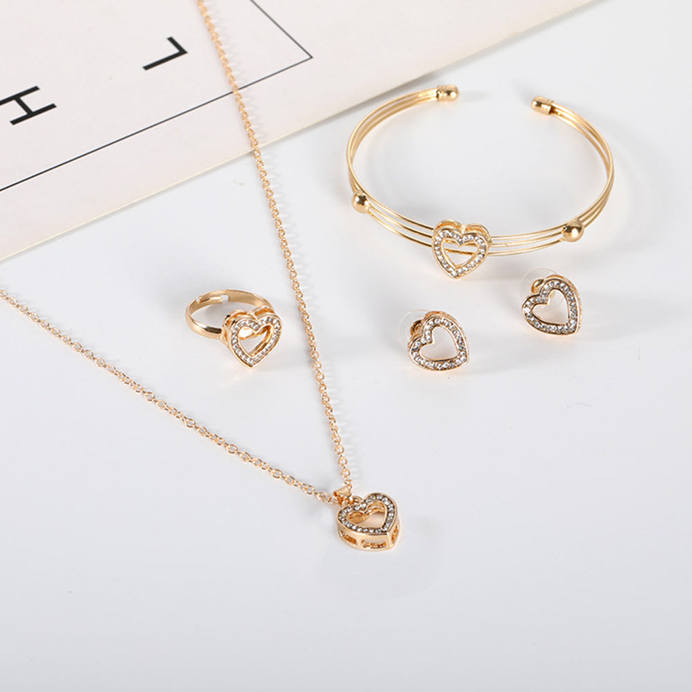 Women Hollow Heart Necklace Earrings Opening Bangle Ring Love Gift Jewelry Set