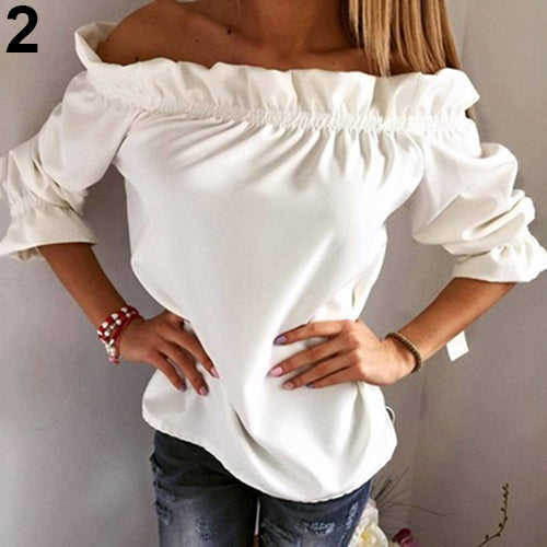 Women's Fashion Sexy Off Shoulder Ruffled Strapless Loose T-Shirt Blouse Top