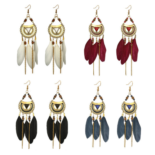 Women Retro Ethnic Hollow Feather Tassel Hook Earring Chain Bead Jewelry Gift