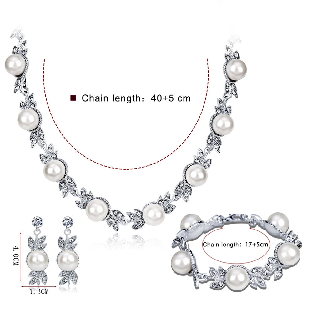 Women Faux Pearl Rhinestone Necklace Stud Earrings Bracelet Jewelry Wedding