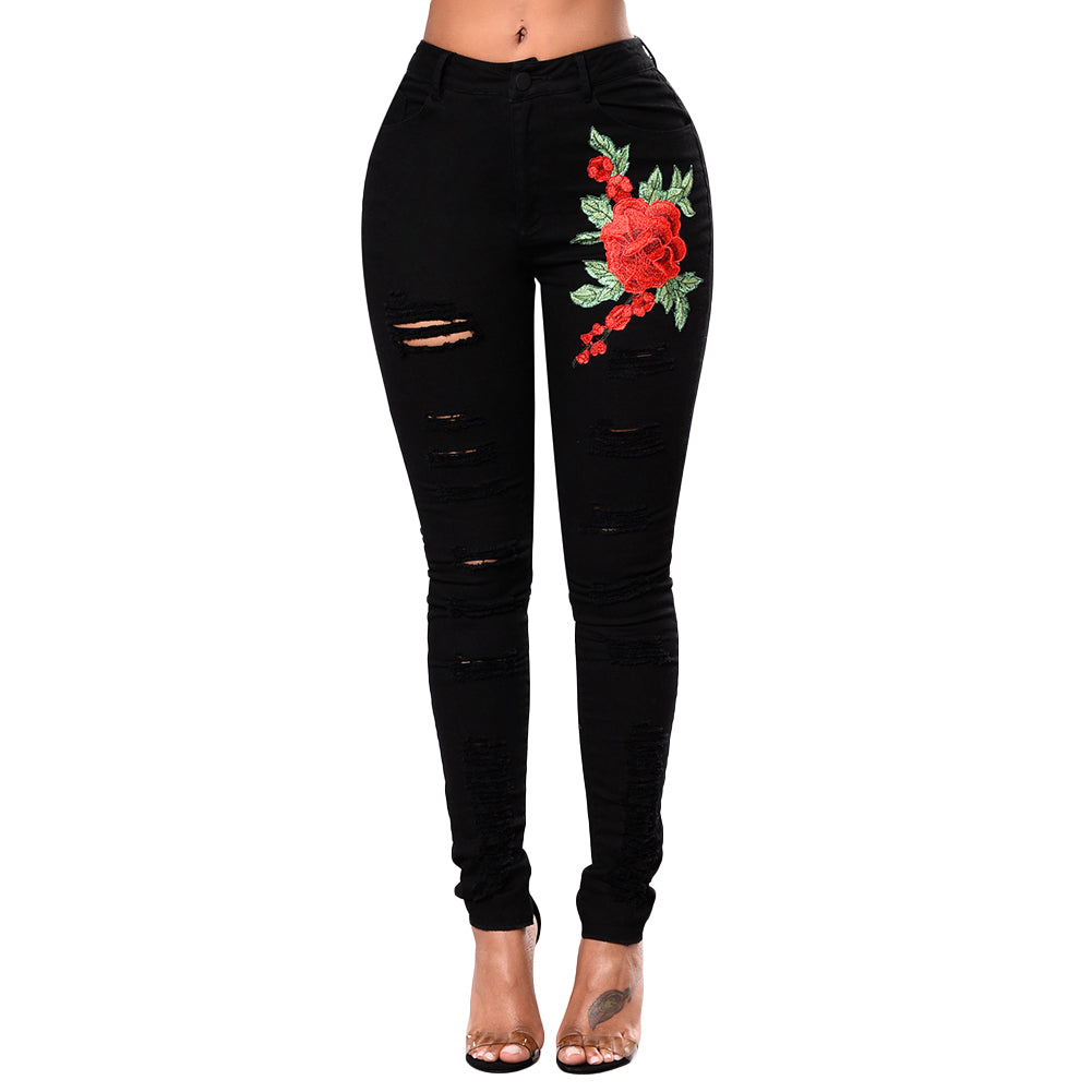 Fashion Lady Ripped Jeans Casual Embroidered Denim Elasticity Pencil Long Pants