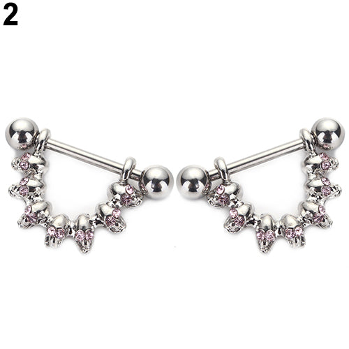 1 Pair Women's Fashion Skull Rhinestone Dangle Nipple Ring Piercing Bar Jewelry