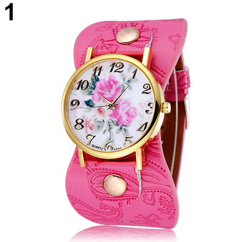 Women's Arabic Numerals Peony Floral Dial Wide Faux Leather Bracelet Wrist Watch