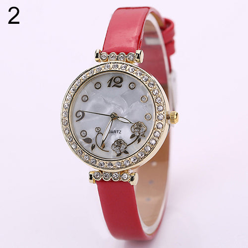 Women's Flower Rhinestone Watch Fine Faux Leather Strap Quartz Gift Wristwatch