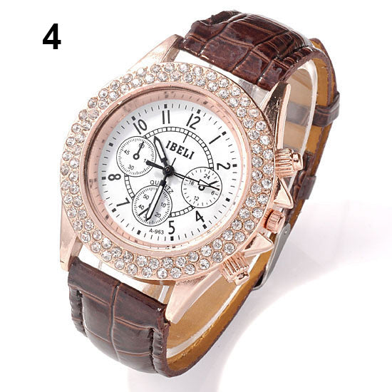 Women Shiny Rhinestone Decorated Bezel Analog Quartz Faux Leather Wrist Watch