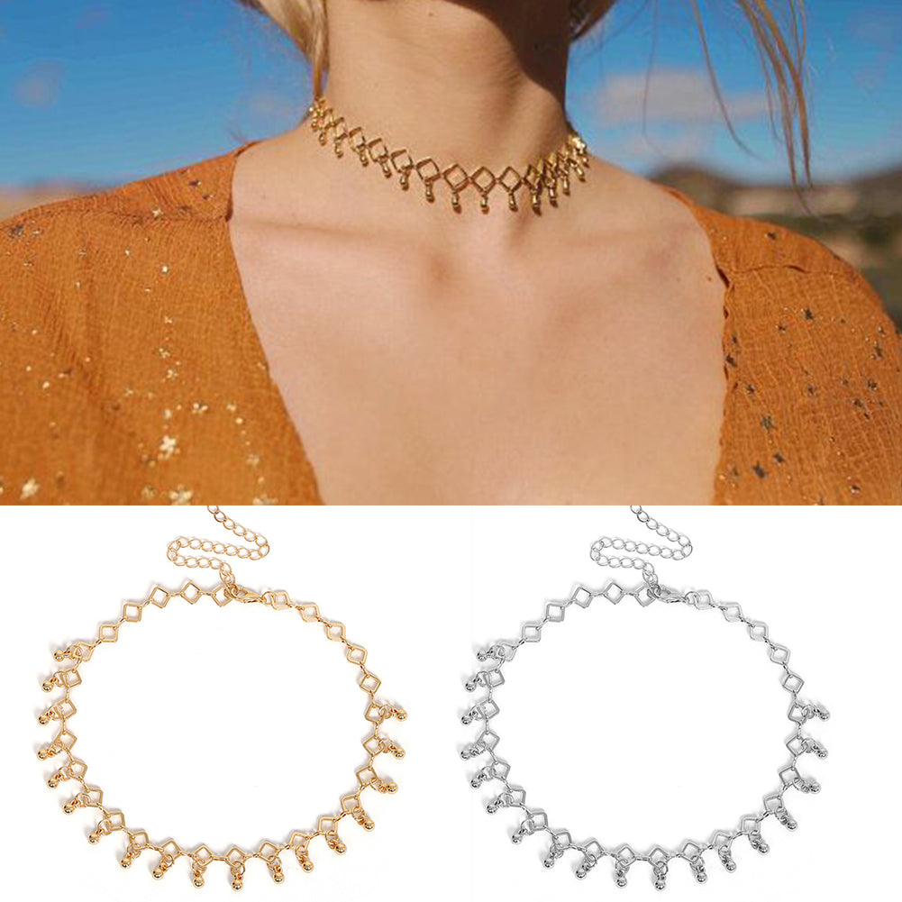 Bohemia Rhombus Metal Ball Pendant Choker Necklace Evening Party Women Jewelry
