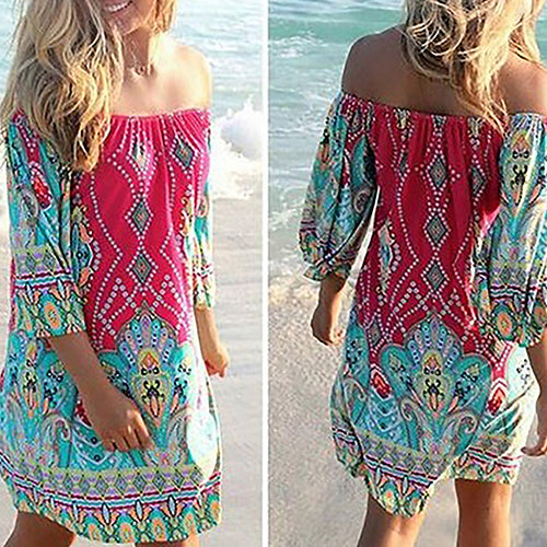 Women's Bohemia Style Sexy Off Shoulder Cashew Flower Summer Beach Mini Dress