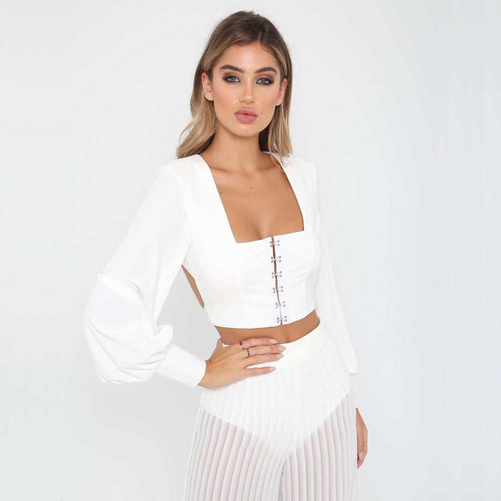 Fashion Women Solid Color Long Sleeve Summer Backless Bandage Crop Top Blouse