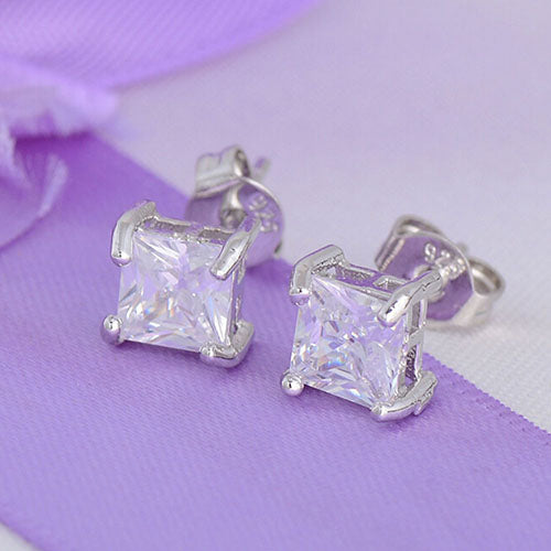 Fashion Women 925 Sterling Silver Clear Square Cubic Zirconia Ear Studs Earrings