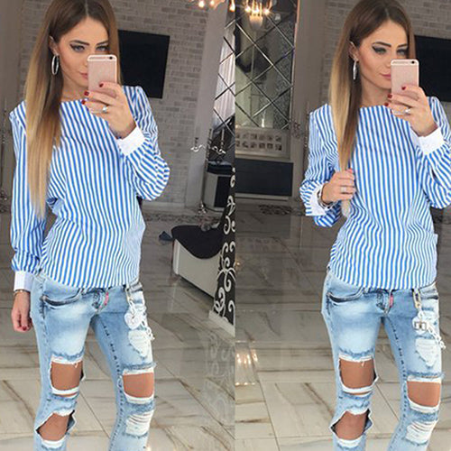 Women's Sexy Bowknot Backless Striped Slim Blouse Shirt Long Sleeve O Neck Top