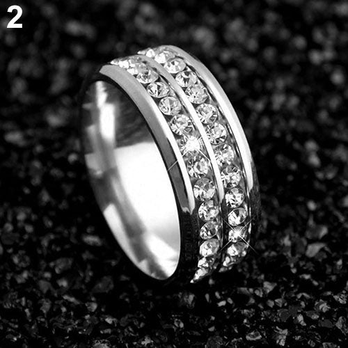 Womens Mens Fashion Double Rows Rhinestones Titanium Steel Wedding Jewelry Ring