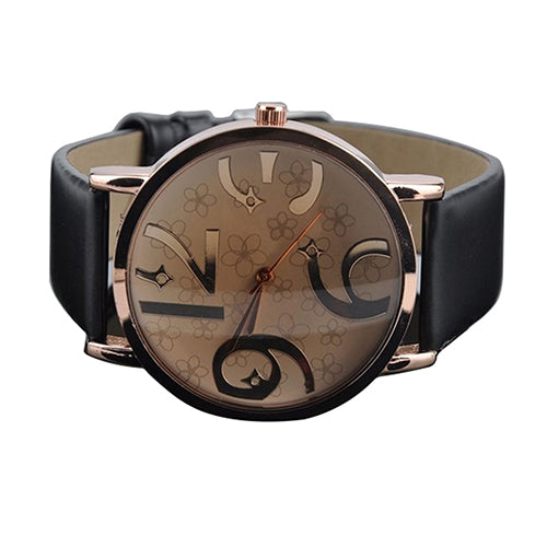 Women's Casual Flowers Big Numbers Dial Faux Leather Strap Quartz Wrist Watch