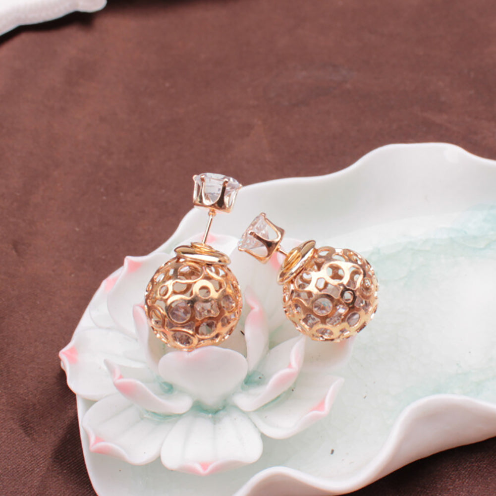 Women Fashion Hollow Ball Ear Jackets Stud Earrings Double Side Piercing Jewelry