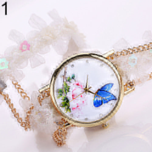 Lady Analog Golden Tone Case Flowers Butterfly Rhinestone Lace Alloy Chain Watch