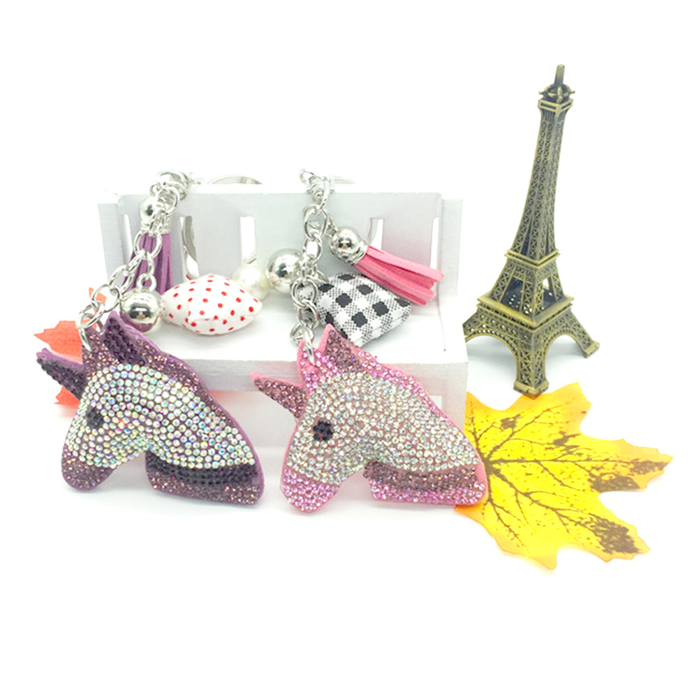 Cute Rhinestone Inlaid Unicorn Tassel Charm Key Chain Handbag Pendant Keyring