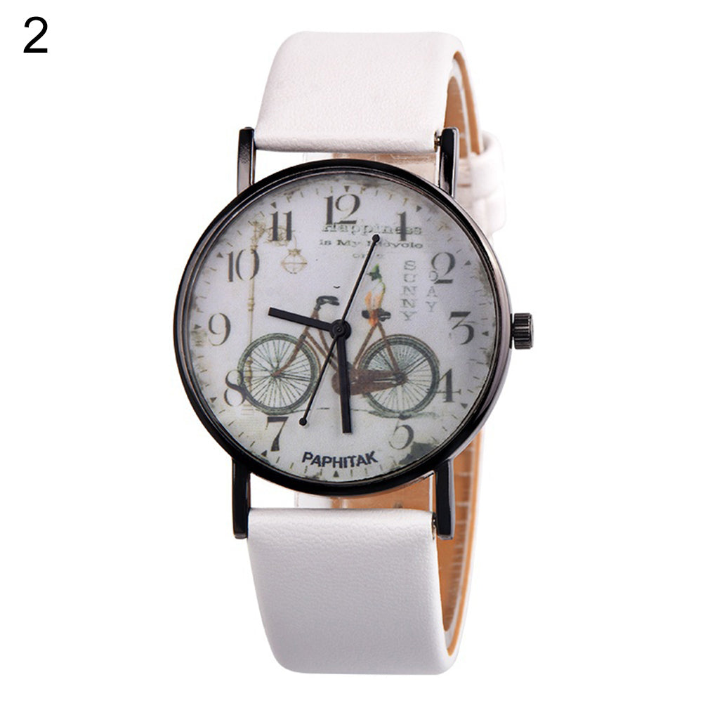 Vintage Bike Print Round Dial Analog Faux Leather Band Quartz Women Wrist Watch