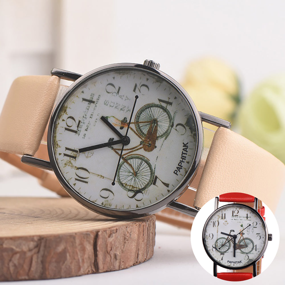 Vintage Bike Print Round Dial Analog Faux Leather Band Quartz Women Wrist Watch