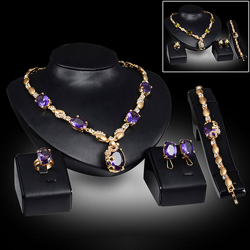 Retro Women Zircon Waterdrop Pendant Necklace Ring Earrings Bracelet Jewelry Set